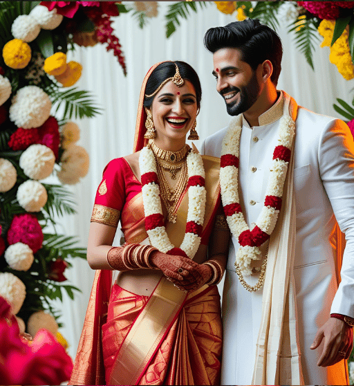 Happy Brahmin couple getting married through Corishta Free Marriage Bureau